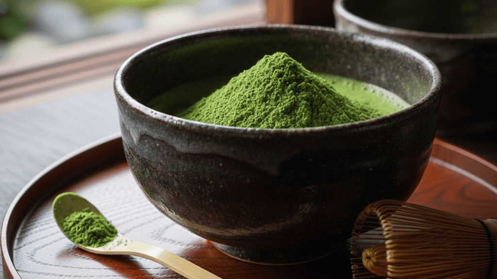 Authentic ceremonial grade uji matcha green tea powder in traditional Japanese ceramic bowl