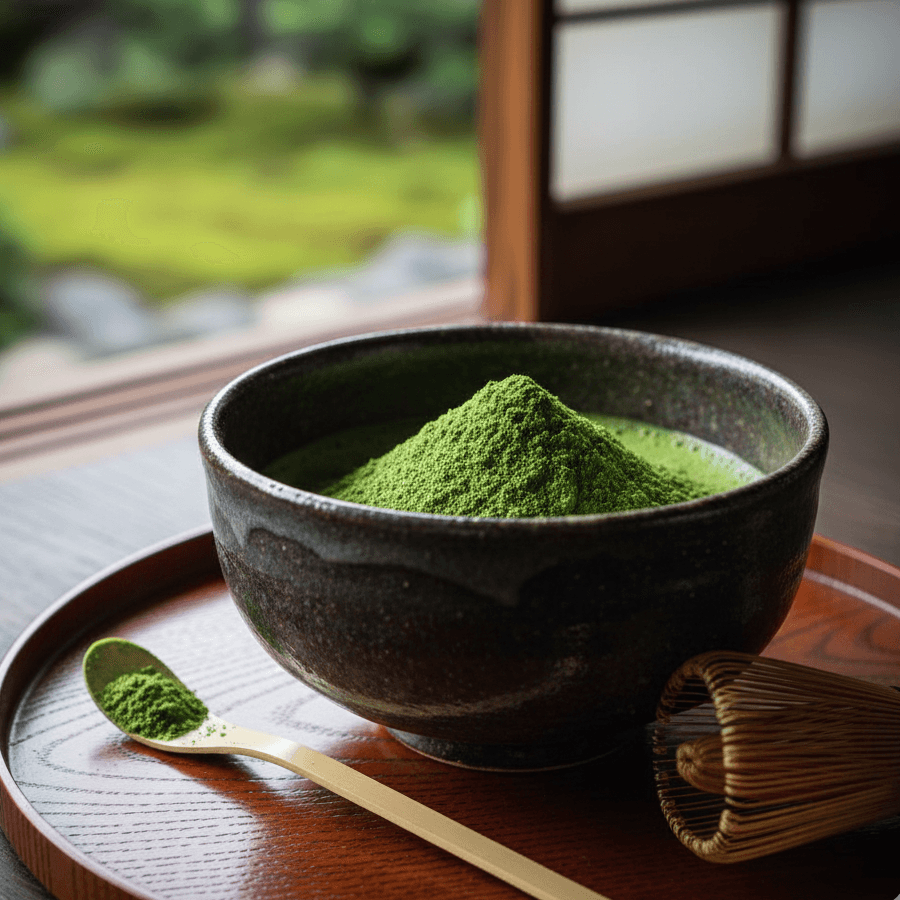 Traditional Japanese matcha bowl with vibrant green ceremonial uji matcha powder and bamboo whisk